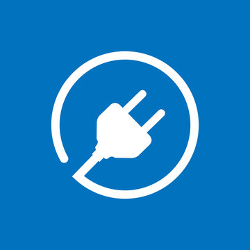 Icono plano enchufe con cable circular en fondo azul