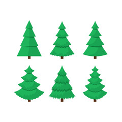 Set of flat Christmas trees for cards. Elements of green forest, park or garden for city decoration. Natural holiday objects for the game. Vector illustration isolated on white.