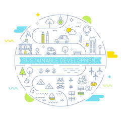 Sustainable Development and Sustainable Living Implementation Concept Line Art Vector Illustration - 125459145