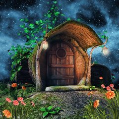 Magiczna chatka w pniu drzewa z lampionami nocą © Obsidian Fantasy