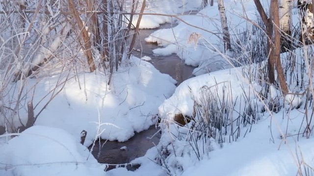Small creek in winter snowy forest among snow banks. Novosibirsk, Siberia, Russia