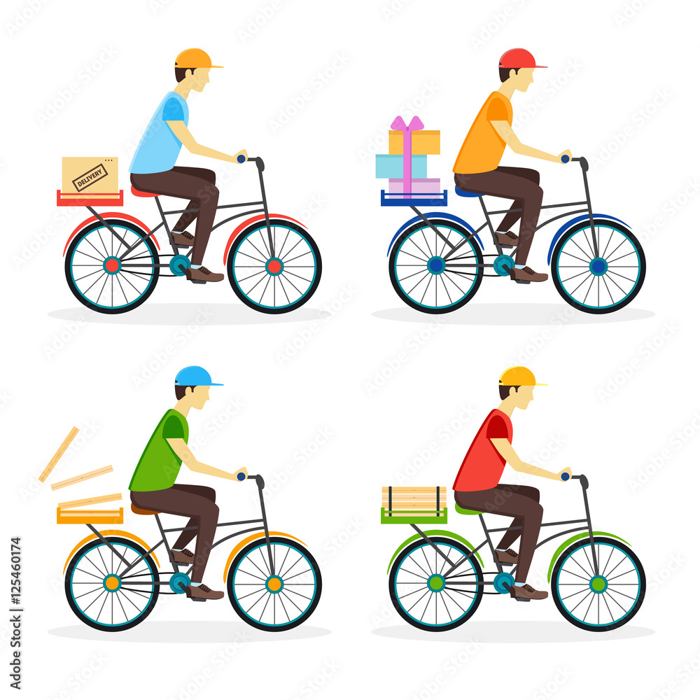 Sticker Delivery Boy on the Bike Set. Vector