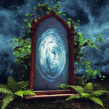 Magiczny portal na łące z paprocią i bluszczem na tle nocnego nieba