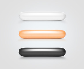 Fototapeta premium Blank white, yellow, black sausage in plastic bag mockup, isolated, clipping path. Red hot packaging design mock up. Snack snag thin polythene pouch template. Pork thick stick vacuum sachet.