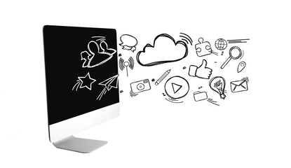 Multimedia icons going out a computer