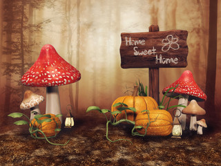 Kolorowe grzyby, drogowskaz i dynie w jesiennym lesie na łące © Obsidian Fantasy