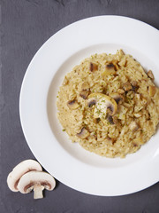 A dinner dish of mushroom and chicken risotto rice on a rustic slate background