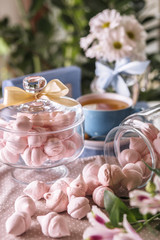 Marshmallow cooking in a restaurant in a glass container, fresh and sweet. Baby sweets.