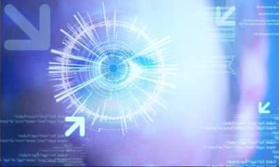 Futuristic technology user interface with an user eye on the bac