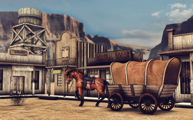 Ulica miasteczka na Dzikim Zachodzie z koniem i drewnianym wozem - obrazy, fototapety, plakaty