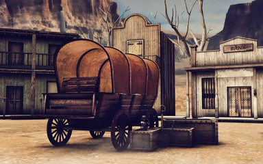 Drewniany wóz i skrzynie na ulicy miasteczka na Dzikim Zachodzie