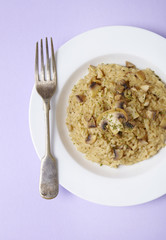 A dinner dish of chicken and mushroom risotto on a pastel purple background