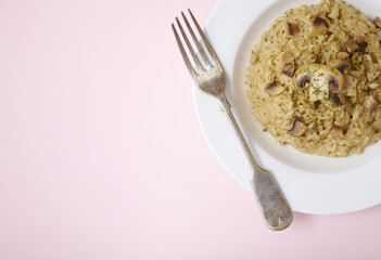 A dish of chicken and mushroom risotto with fork on a pastel pink background forming a page border