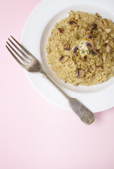 A dish of chicken and mushroom risotto with fork on a pastel pink background