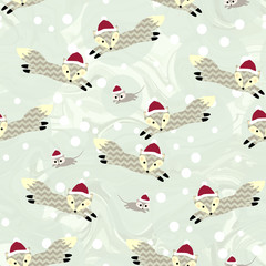 Cute winter forest animals vector seamless pattern. Foxes and mouse in christmas caps with snowflakes dots, light beige blots on natural warm grey marble background.