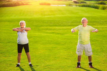 Obraz premium Senior couple exercising. Smiling people on meadow background. Keep working on yourself. Result is worth it.