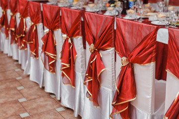 Wedding chairs in row decorated with red color ribbon