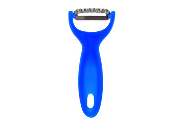 Stainless steel knife slicer tool in blue to shred fruit vegetable cheese, isolated on white background