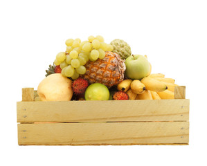 Fresh fruits in wooden box isolated on white background
