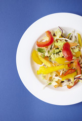 A bowl of fresh stir fry vegetables on a blue background
