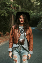 modern young woman with vintage camera photos