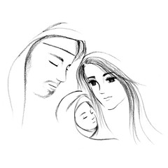 Baby Jesus and Mary Joseph hand drawn illustration   Christmas season scene   Christian art drawing © ammij