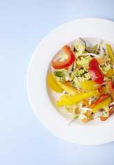 A bowl of fresh stir fry vegetables on a pastel blue background