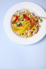 A bowl of fresh stir fry vegetables on a pastel blue background