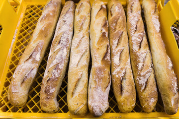 Freshly baked homemade on the market. Top view. Close up.