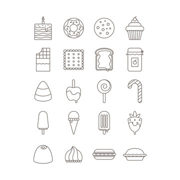 Sweet and candy icon set. Made in line style.