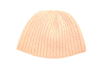 Pink knitted wool cap on white background  