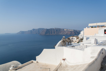 Santorin - Santorini - Blick über weisse Häuser in den Krater