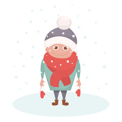 Kid character under snowflake isolated on white. Happy kid on winter. Vector Illustration. Funny cartoon vector character.