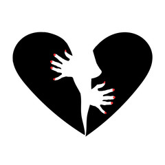 Heart symbol with a drawing of the female breast and hands.