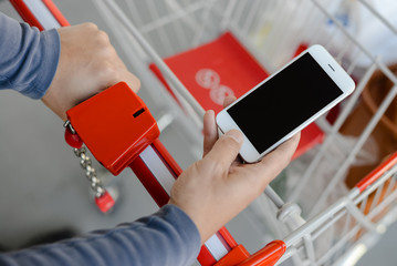 Closeup on order via smart phone application, shop cart department store mall background