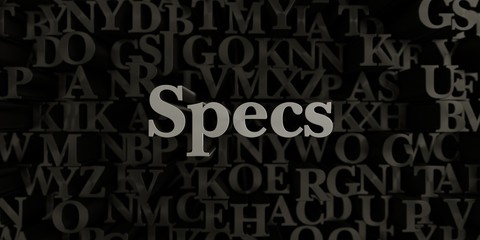 Specs - Stock image of 3D rendered metallic typeset headline illustration.  Can be used for an online banner ad or a print postcard.
