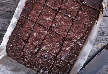 Homemade chocolate brownies top view.