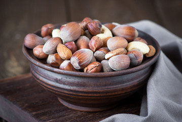 Selection of nuts - Hazelnuts, almonds, cashew.