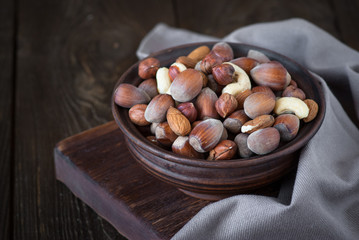 Selection of nuts - Hazelnuts, almonds, cashew.