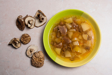 Composition with mushroom soup in green plate, dried wild mushro