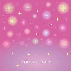 Shimmering Colorful Snowflakes. Golden Shimmering Stars and Colorful Snowflakes on Rosy Background. Perfect for Festive Design.Vector Illustration.