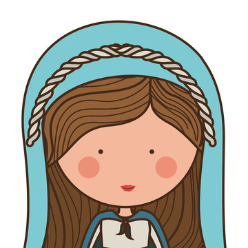 cartoon virgin mary woman smiling and wearing blue mantle over white background. vector illustration