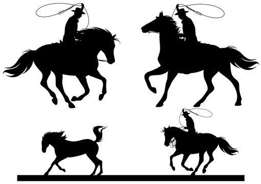 cowboy horsemen chasing a horse black vector silhouette set