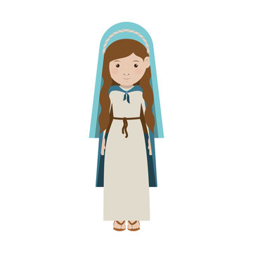 cartoon virgin mary woman smiling and wearing blue mantle over white background. vector illustration