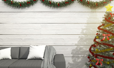 3d rendering sofa near christmas tree with decoration and sun glare