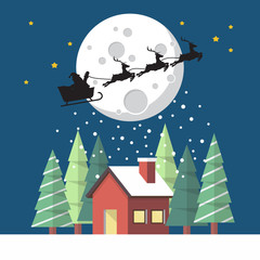 Naklejka premium Santa Claus and his reindeer sleigh in silhouette against moon w