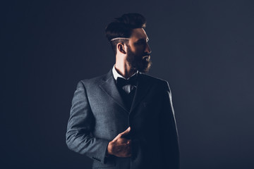 Young handsome bearded caucasian man posing indoors. Perfect skin and hairstyle. Wearing elegant...