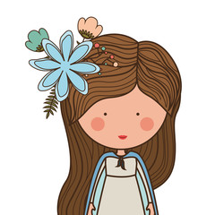 cartoon virgin mary woman smiling and decorative flowers in hair over white background. vector illustration