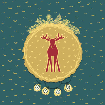 Christmas and New Year round frame with deer symbol. Greeting card.