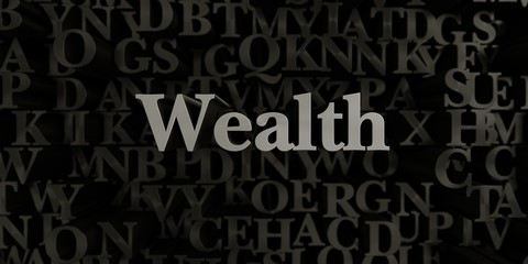 Wealth - Stock image of 3D rendered metallic typeset headline illustration.  Can be used for an online banner ad or a print postcard.